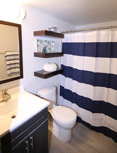 a bathroom with a blue and white shower curtain