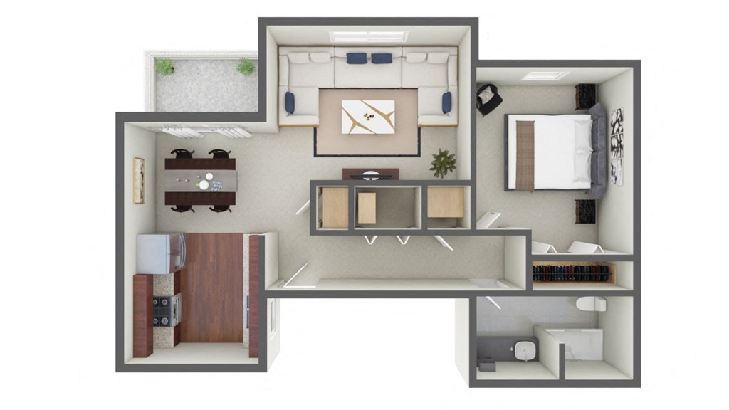 the interior of a studio apartment with a bathroom and a bedroom