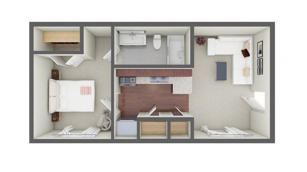 a 3d floor plan with a bedroom and a living room