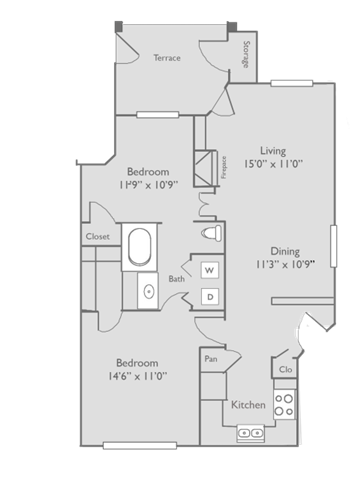 Two bedroom, one bath with dining room and private patio