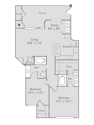 Two bedroom, two bath with dining room and private patio