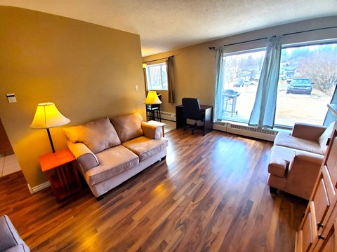 a living room with a couch and chairs and a hard wood floor