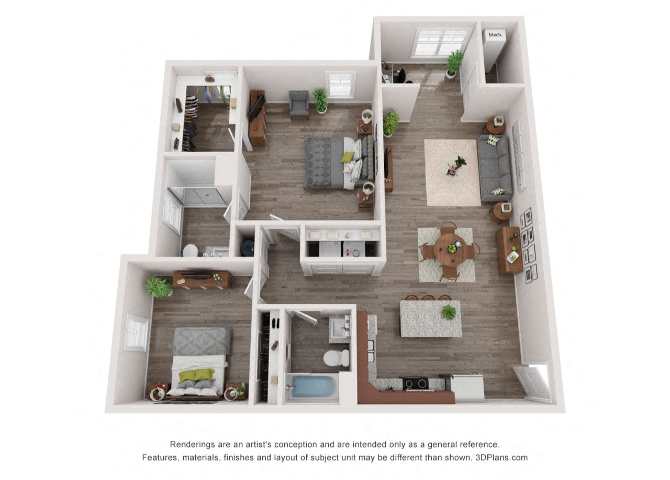 two bedroom two bath apartment floor plan