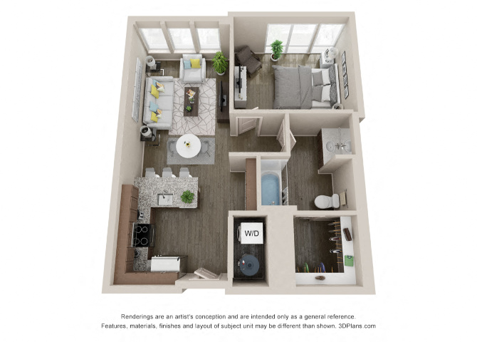 One bedroom floor plan at Axis at PTC Apartments