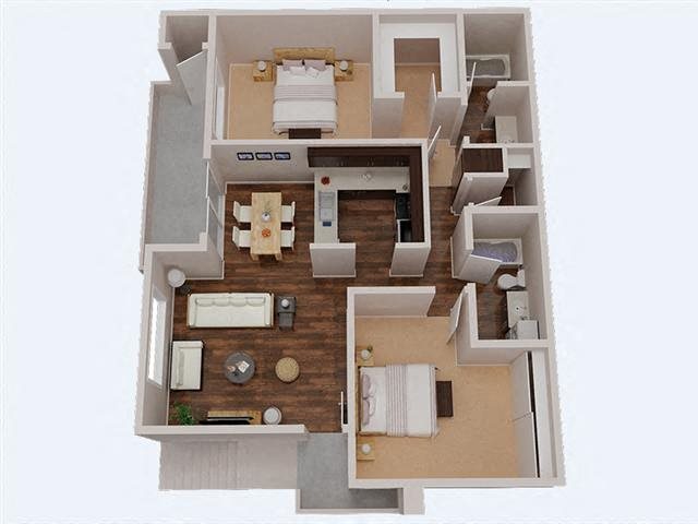 2 Bedroom 2 Bathroom 3D Floor Plan both bathrooms have tubs