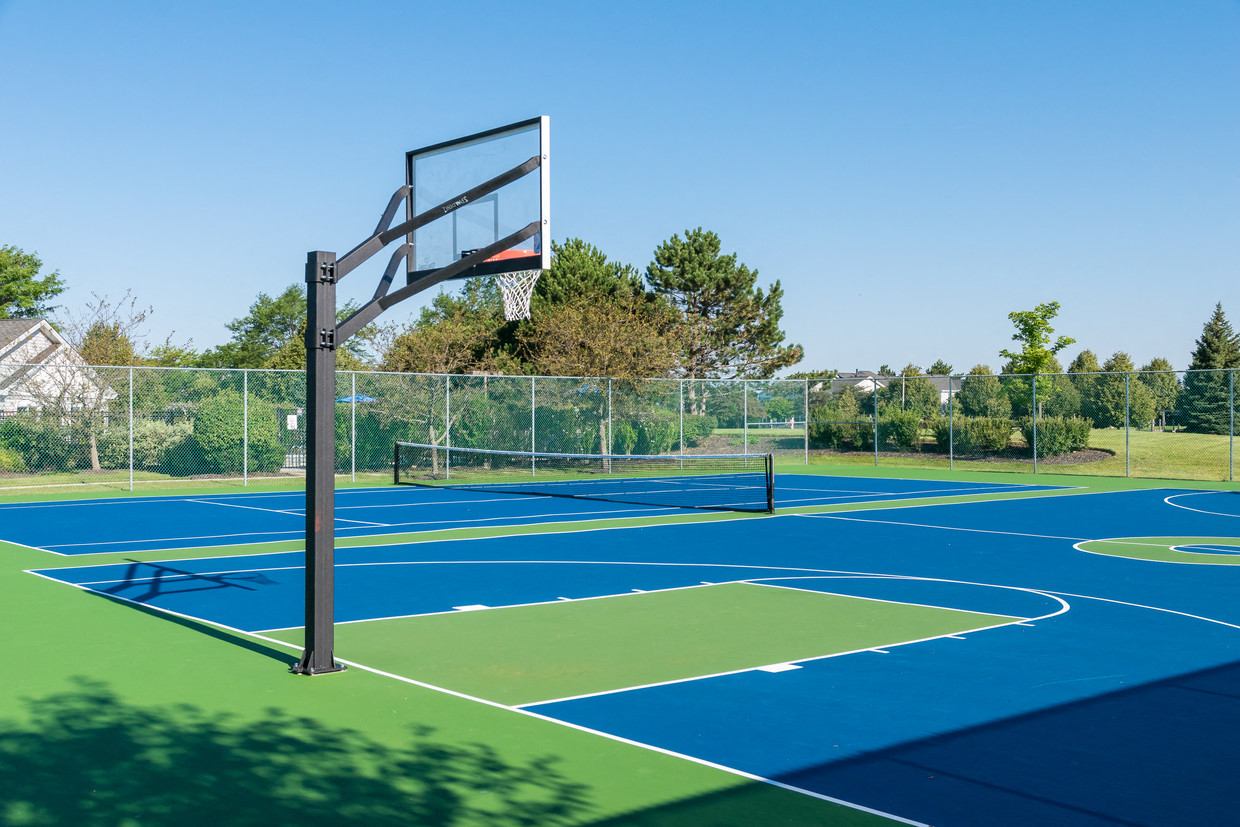 a basketball hoop on a tennis court in a park