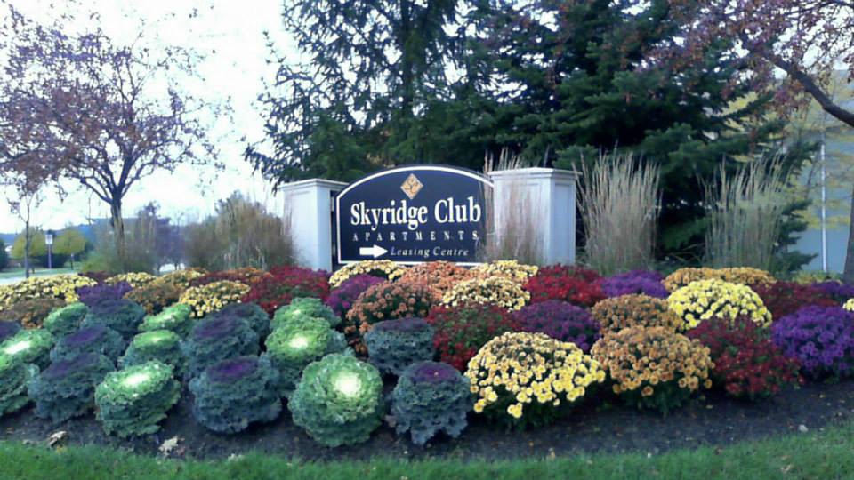a sign club in front of a garden of flowers