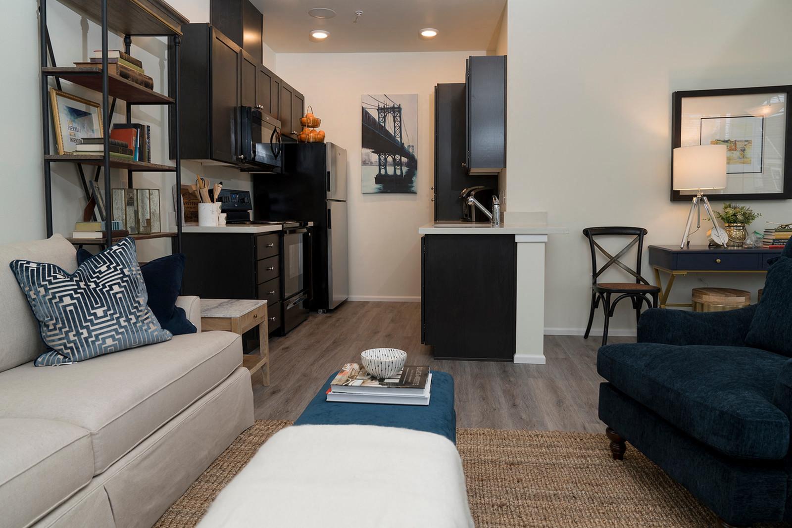 a living room with a couch and a table