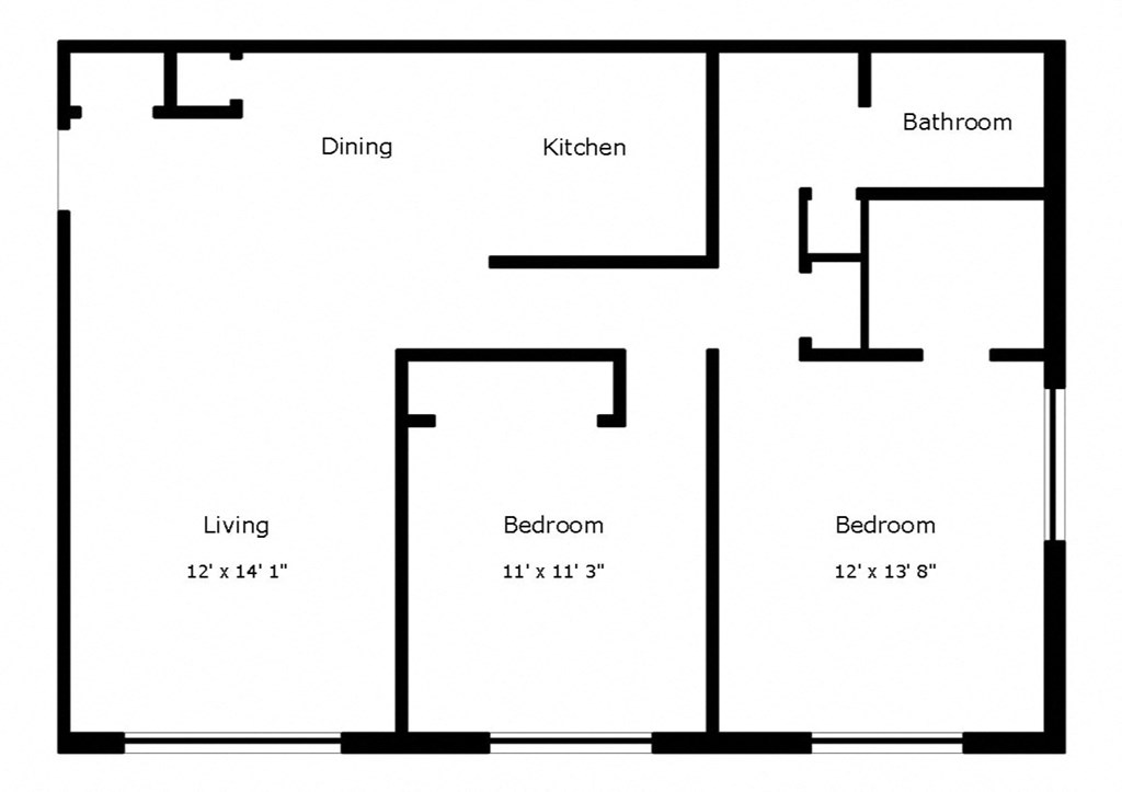 A black and white image of a floor plan for a house with a living room, dining room, kitchen, and two bedrooms.