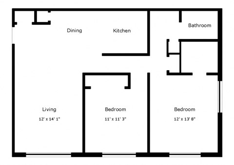 A black and white image of a floor plan for a house with a living room, dining room, kitchen, and two bedrooms.