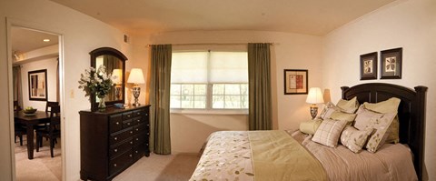 a bedroom with a bed and a dresser and a window