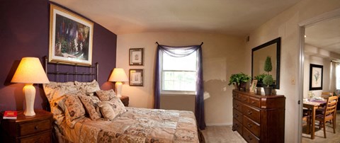 a bedroom with a bed and a dresser and a window