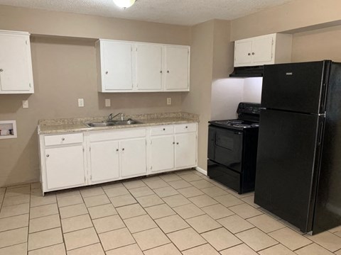 a kitchen with a black refrigerator and a sink