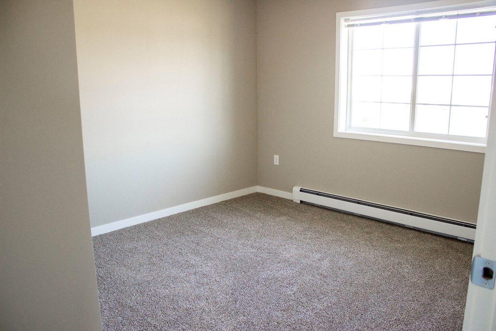 an empty room with carpet and a window