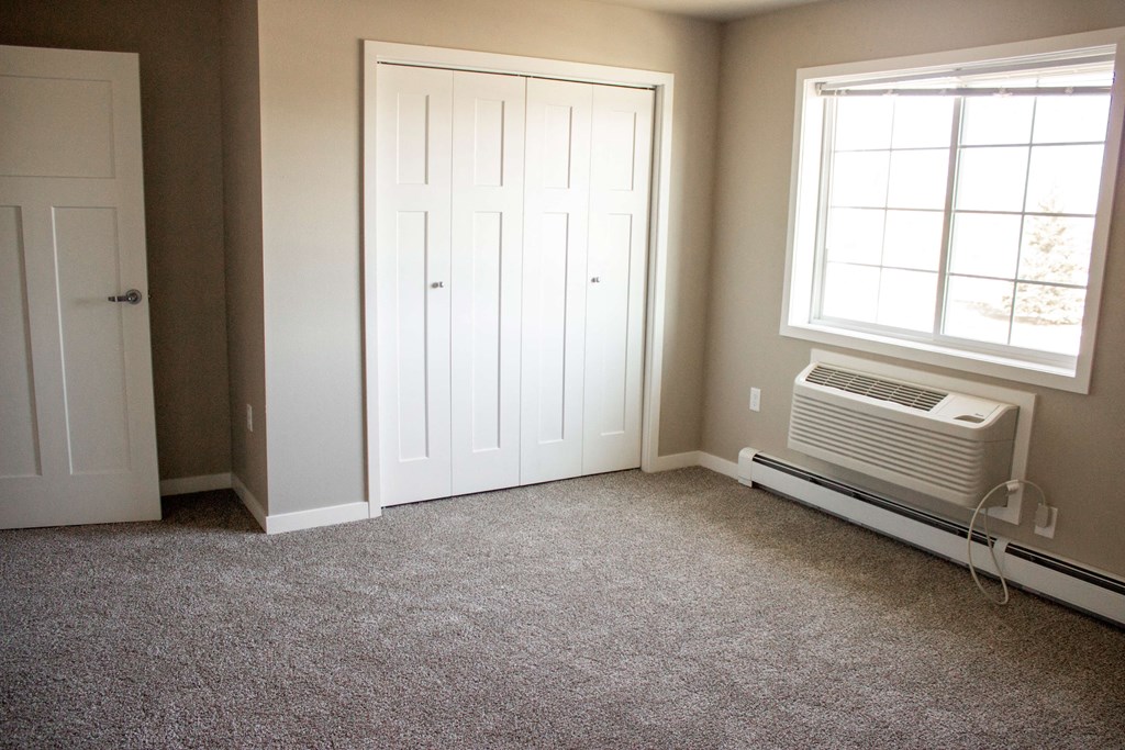 a room with a carpeted floor and a closet and a radiator and a window