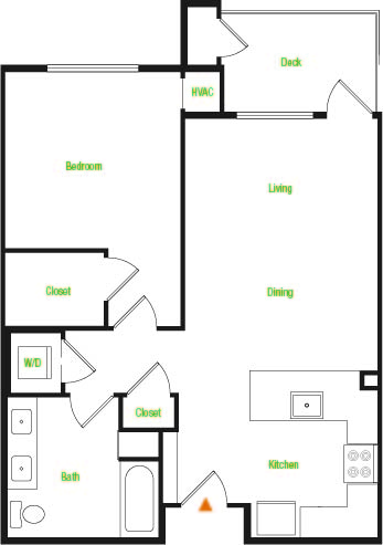 A2-A/B – 1 Bedroom 1 Bath Floor Plan Layout – 748 Square Feet