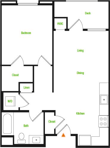 A3 – 1 Bedroom 1 Bath Floor Plan Layout – 677 Square Feet