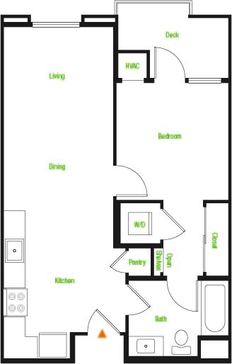 A5-A/B/C – 1 Bedroom 1 Bath Floor Plan Layout – 609 Square Feet