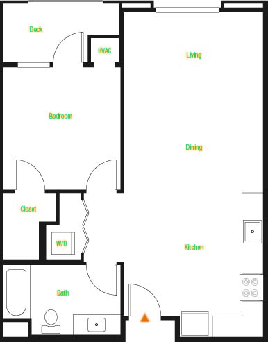 A9 – 1 Bedroom 1 Bath Floor Plan Layout – 728 Square Feet