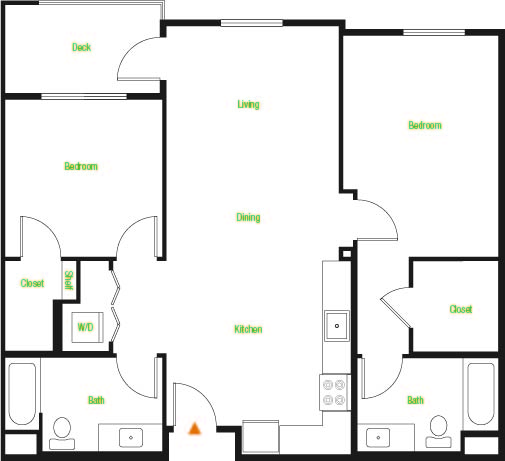 B1-A/B/C/D/E/F – 2 Bedroom 2 Bath Floor Plan Layout – 1038 Square Feet