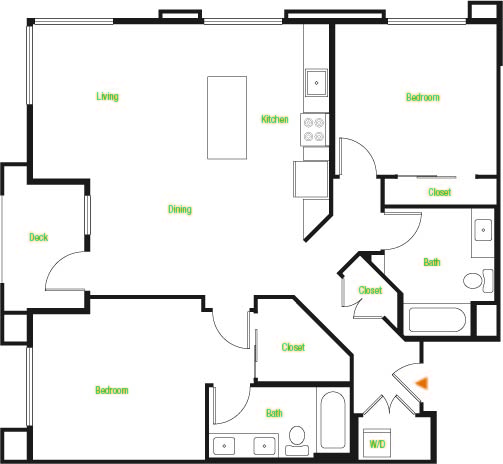 B2-A – 2 Bedroom 2 Bath Floor Plan Layout – 1173 Square Feet