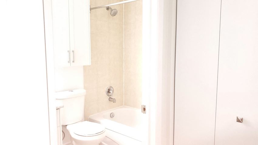 a white bathroom with a shower and a toilet