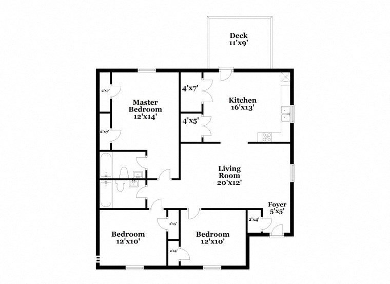 a floor plan of a house with two bedrooms and two bathrooms