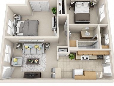 a 3d rendering of a bedroom and a living room