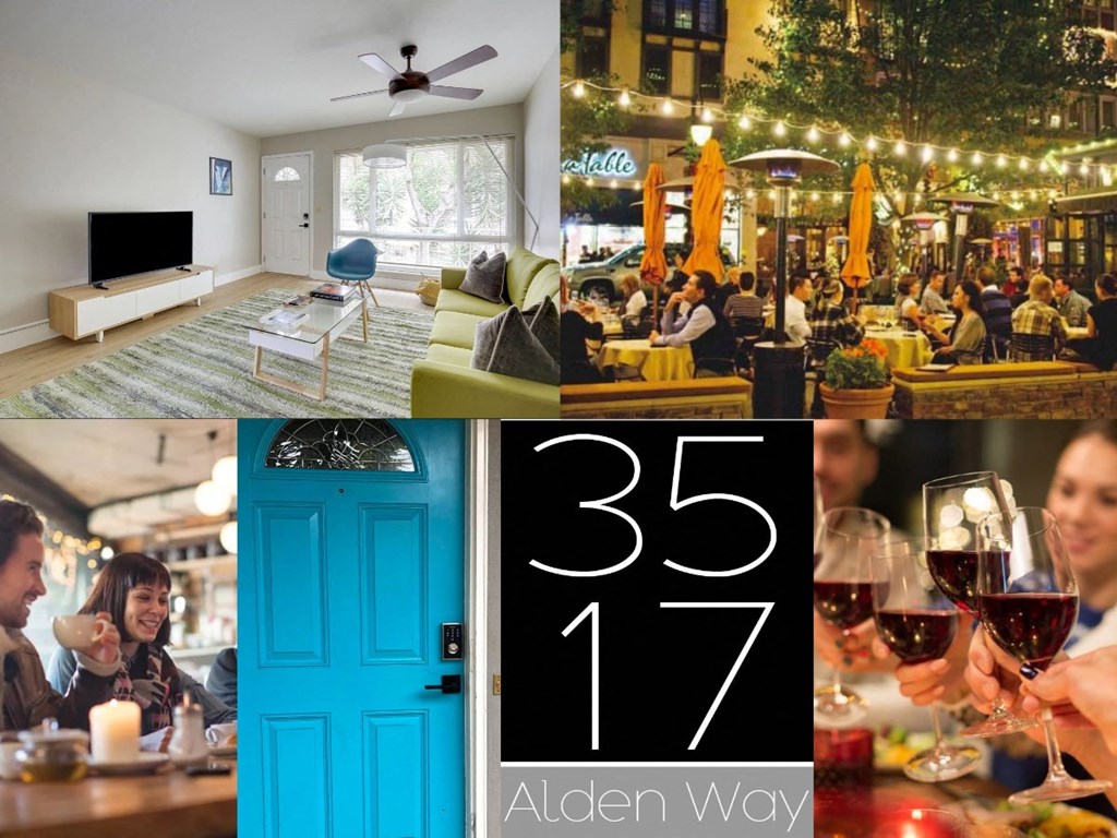 a collage of pictures with people sitting at a restaurant and a blue door