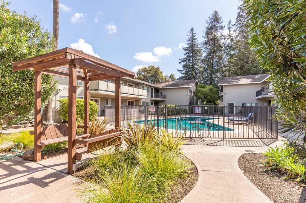 our apartments have a pool and a patio with a gazebo