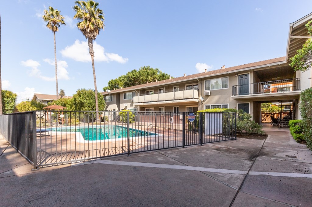 the enclave apartments pool and gated patio with palm trees