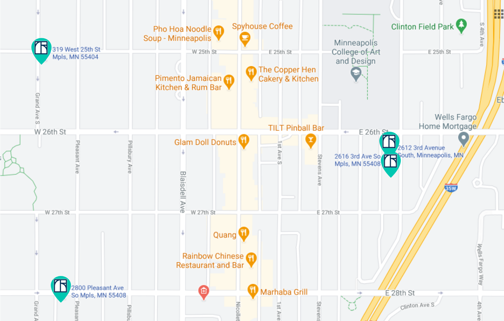 a screenshot of a map of a neighborhood with markers on it