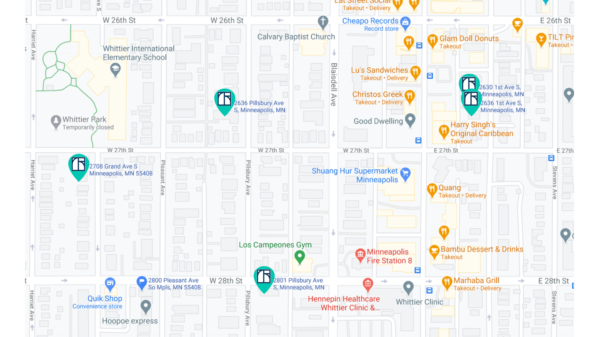 a screenshot of a map of a city with various locations and markers