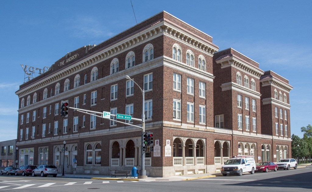 A photo of the corner of The Androy Apartments in Hibbing, MN.
