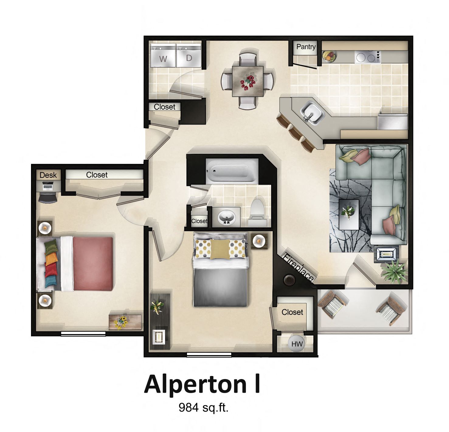 Alperton I & II (2Bed / 1bath / Sunroom or Patio) Floor Plan at Brittany Commons Apartments, Virginia