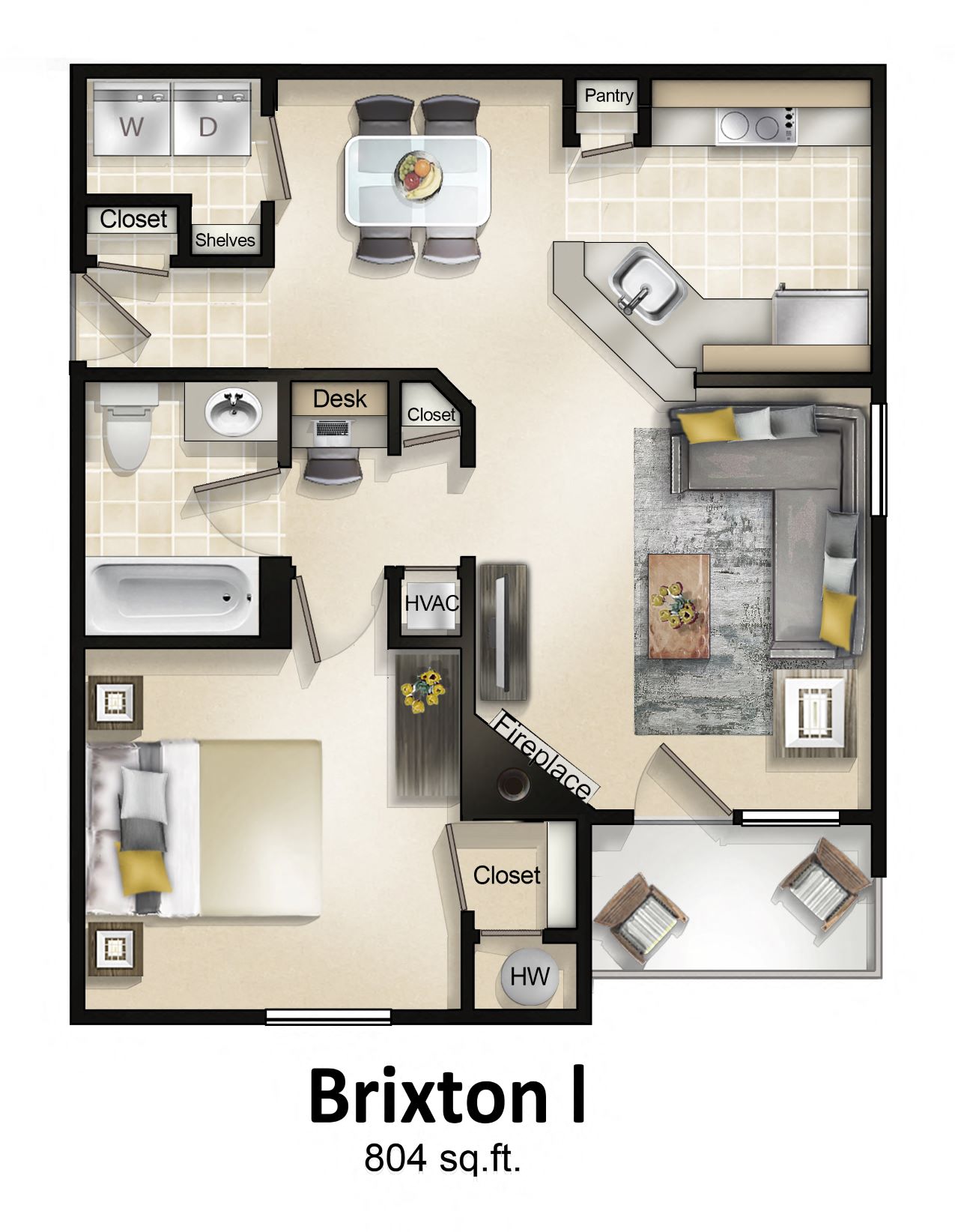The Brixton (1 Bed / 1 Bath / Sunroom or Patio) Floor Plan at Brittany Commons Apartments, Spotsylvania, VA, 22553