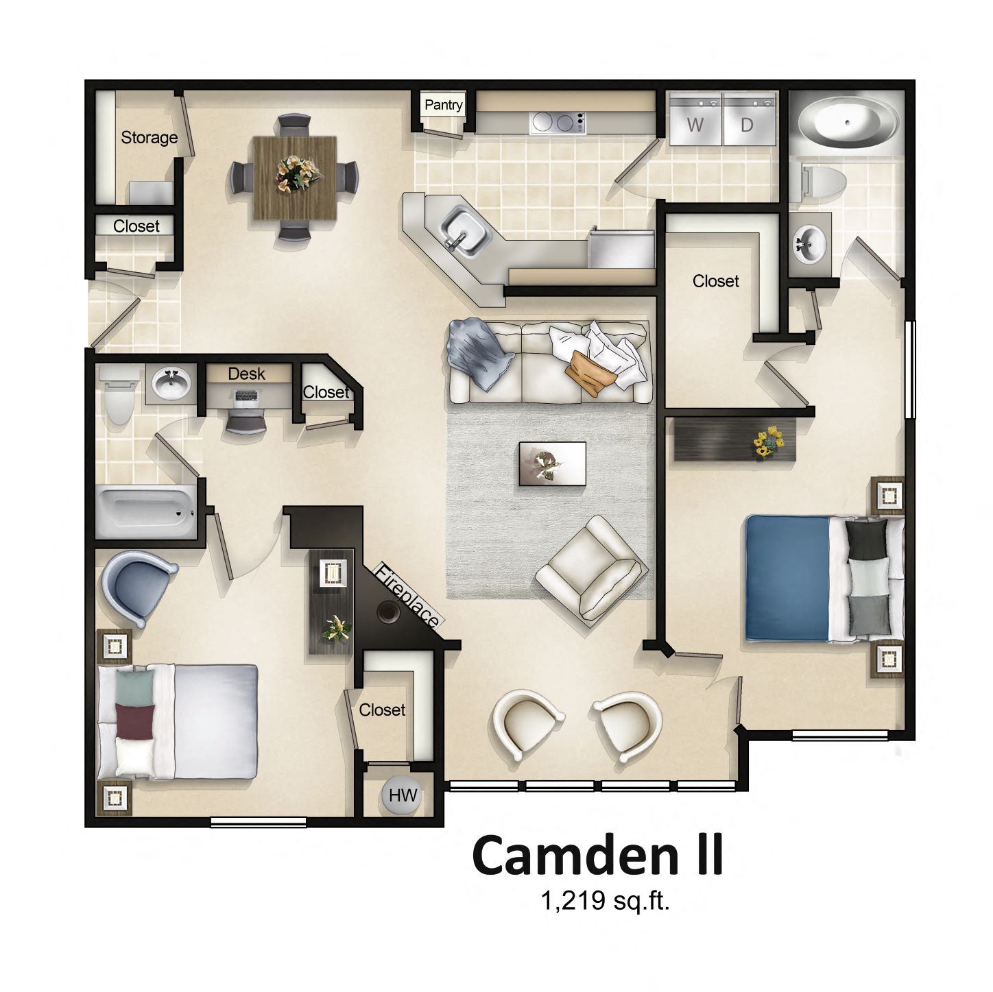 Camden II (2Bed / 2Bath / Sunroom) Floor Plan at Brittany Commons Apartments, Spotsylvania, Virginia