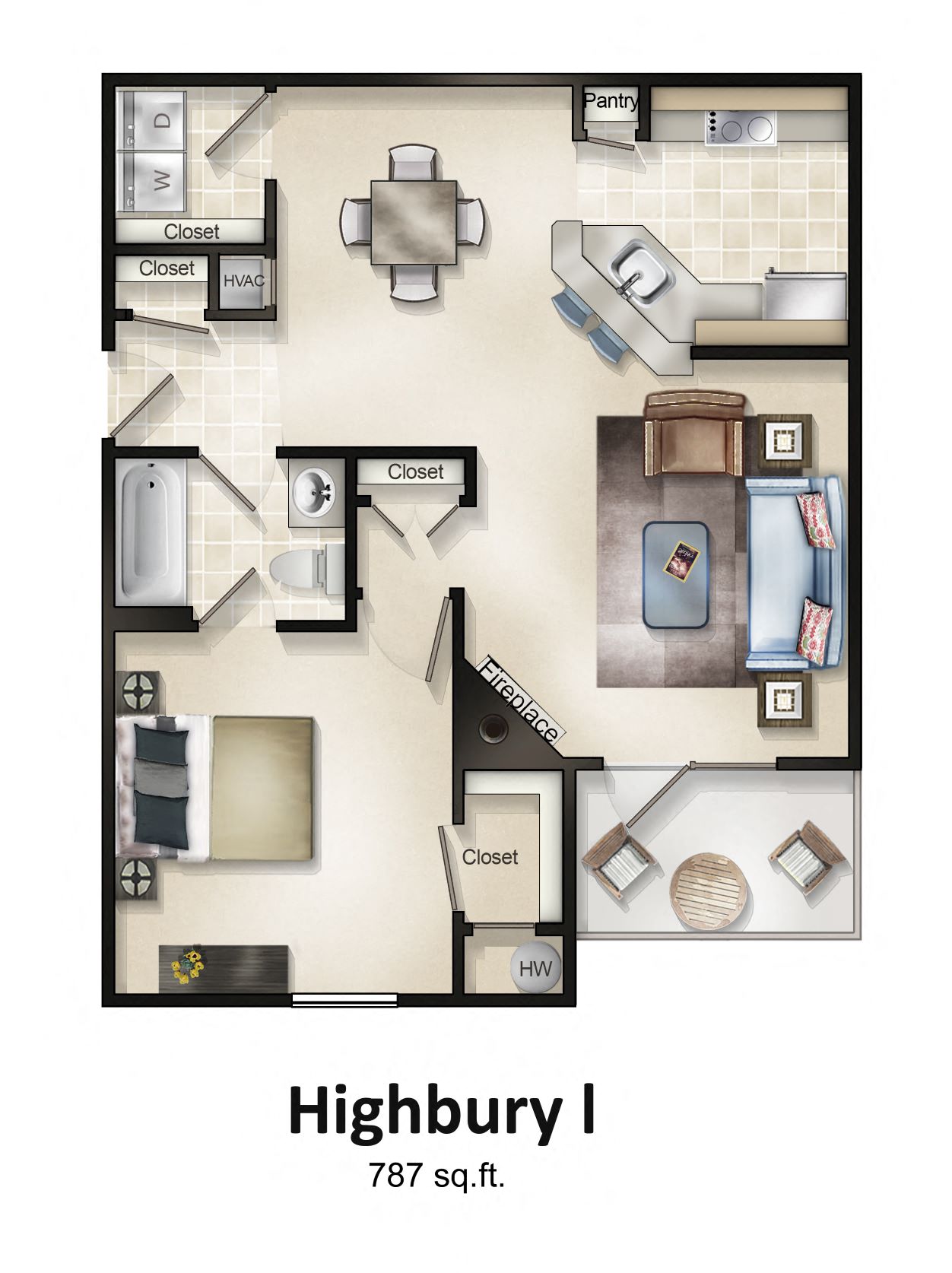 The Highbury (1 Bed / 1 Bath / Sunroom or Patio) Floor Plan at Brittany Commons Apartments, Spotsylvania, VA