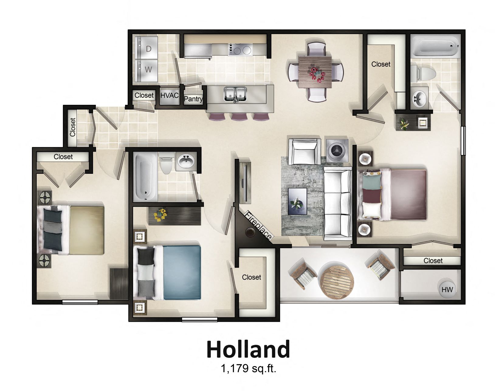 Holland (3 Bed / 2 Bath / Balcony or Patio) Floor Plan at Brittany Commons Apartments, Spotsylvania