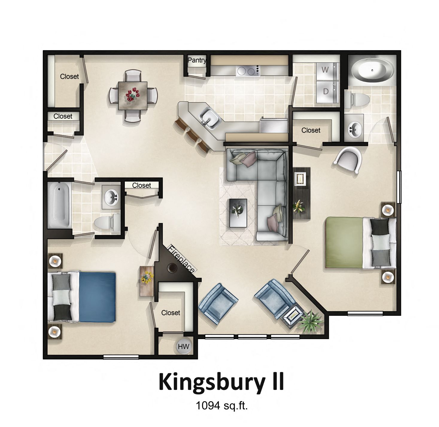 Kingsbury II (2 Bed / 2 Bath / Sunroom) Floor Plan at Brittany Commons Apartments, Spotsylvania, Virginia