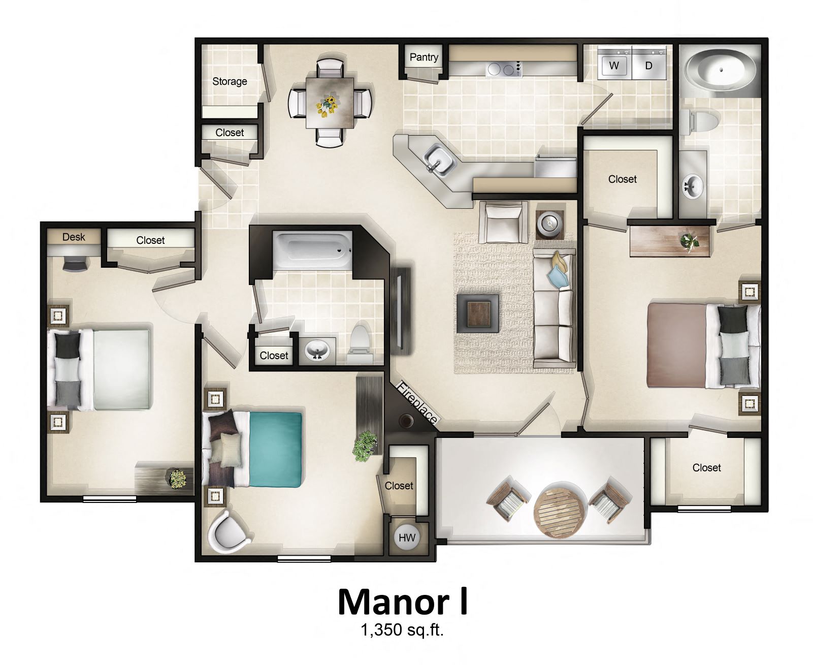 Manor House I (3 Bed / 2 Bath / Balcony or Patio) Floor Plan at Brittany Commons Apartments, Spotsylvania, Virginia