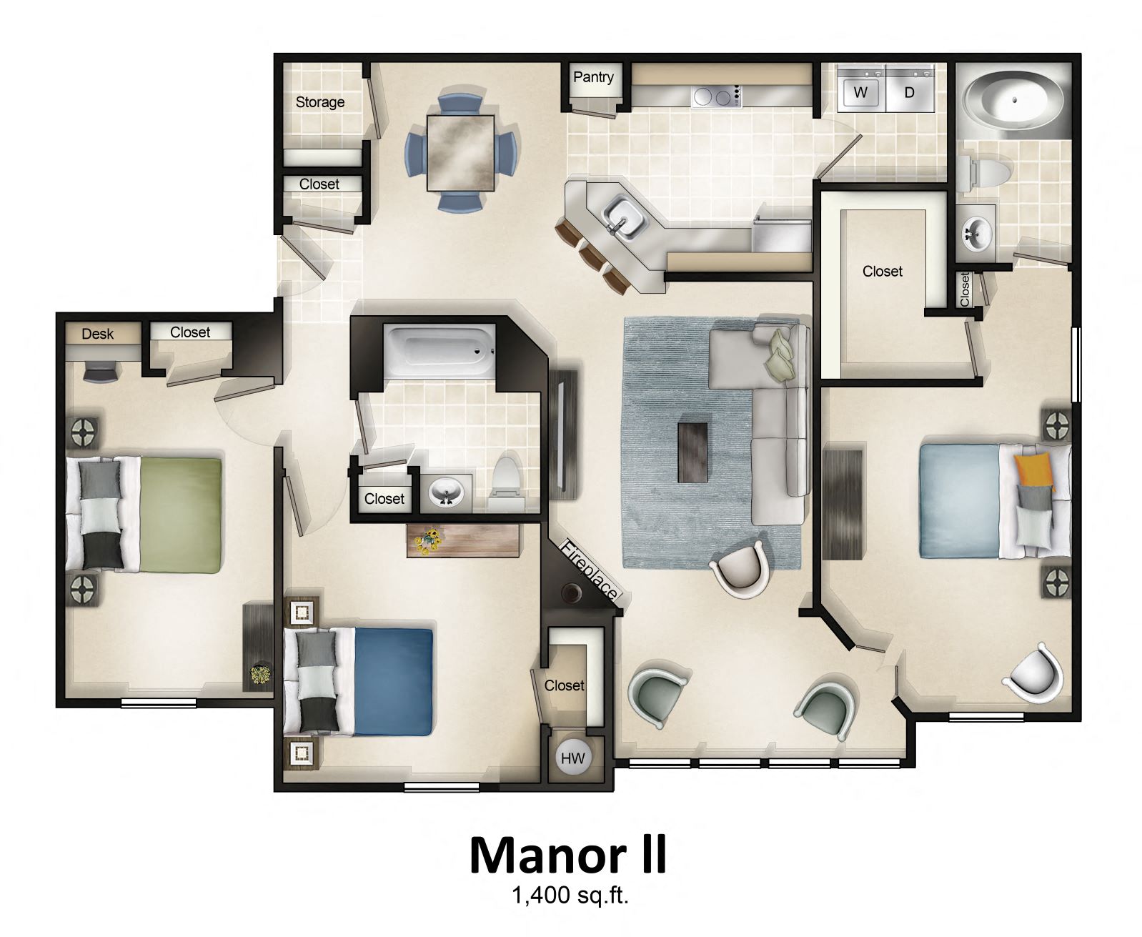 Manor House II (3 Bed / 2 Bath / Sunroom) Floor Plan at Brittany Commons Apartments, Spotsylvania