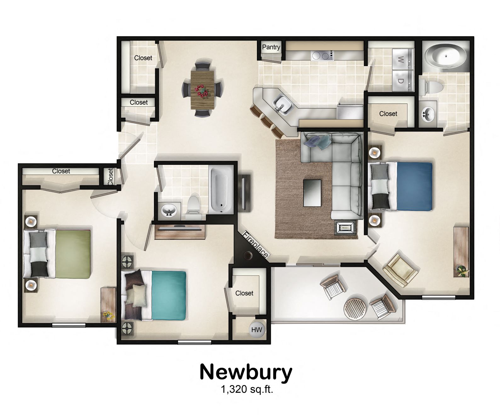 Newbury (3 Bed / 2 Bath Balcony or Patio) Floor Plan at Brittany Commons Apartments, Virginia, 22553