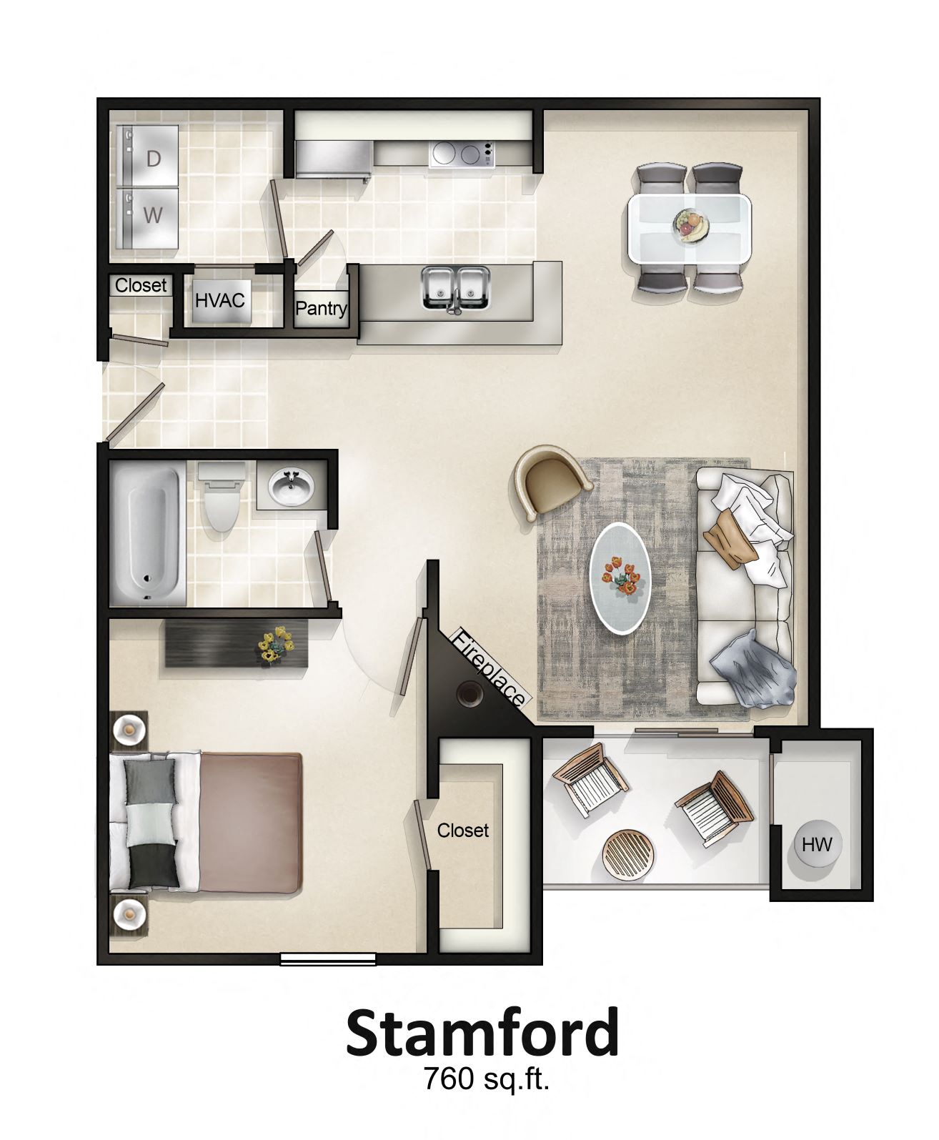 The Stamford (1 Bed / 1 Bath/ Balcony or Patio) Floor Plan at Brittany Commons Apartments, Spotsylvania, VA, 22553