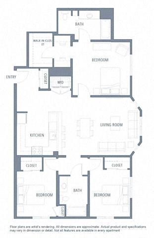 3 bedroom floor plan | Aventine Apartments Hercules CA