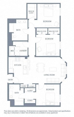 3 bedroom floor plan | Aventine Apartments Hercules CA