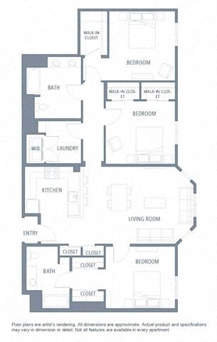 3 bedroom floor plan | Aventine Apartments Hercules CA