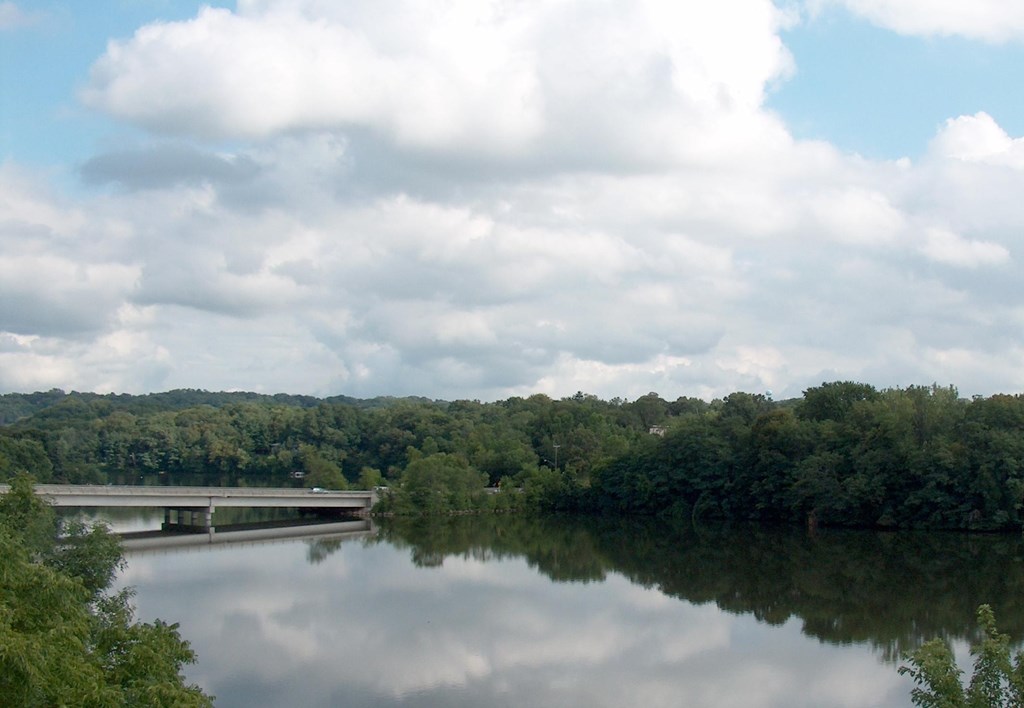 a view of a river with trees and a bridge