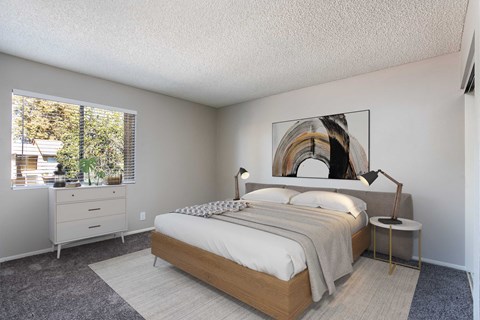 a bedroom with a bed and a window