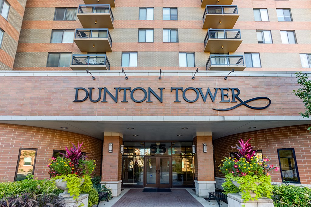 the entrance to the dunton tower condominium building